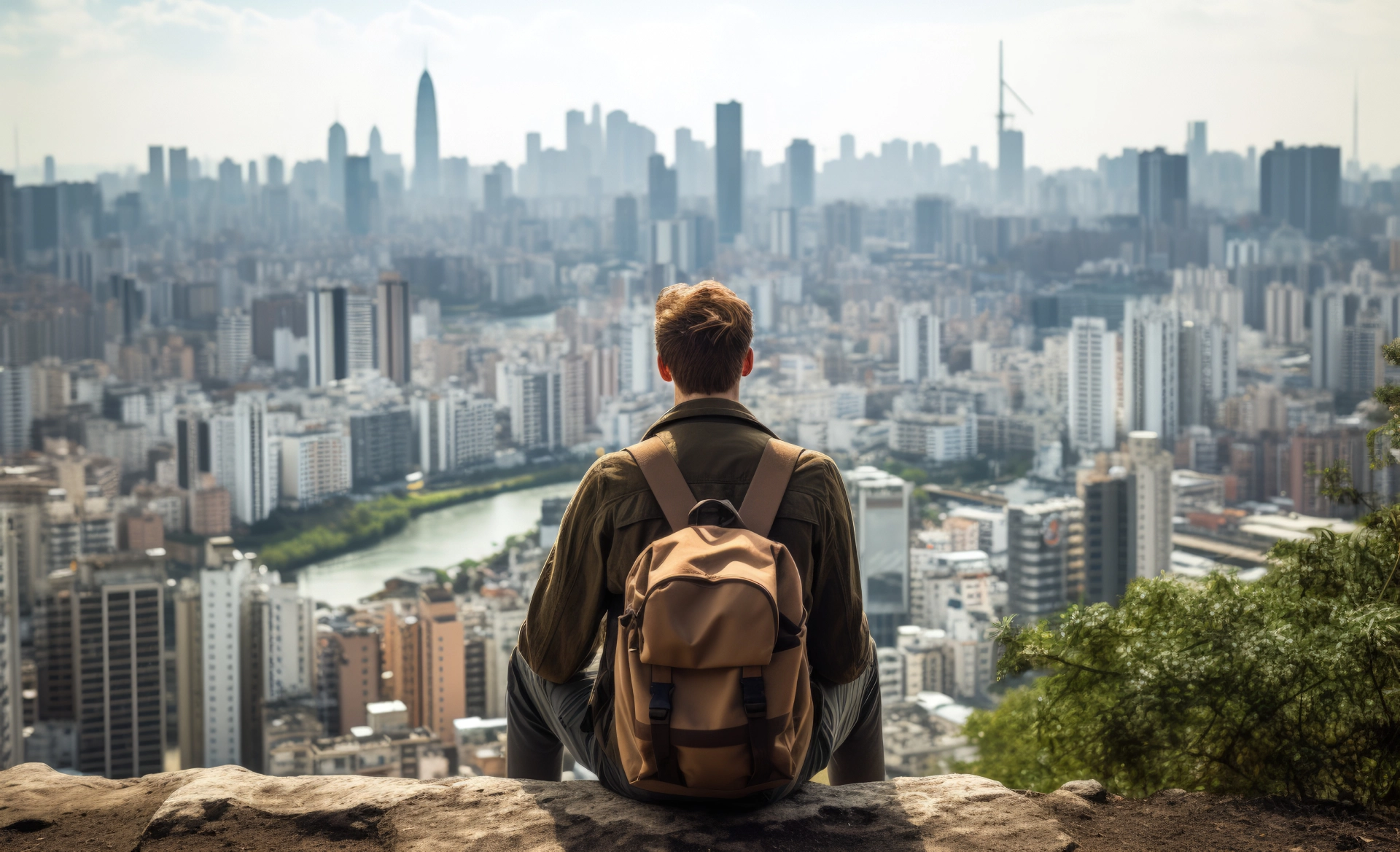 hombre viendo una ciudad de manera reflexiva