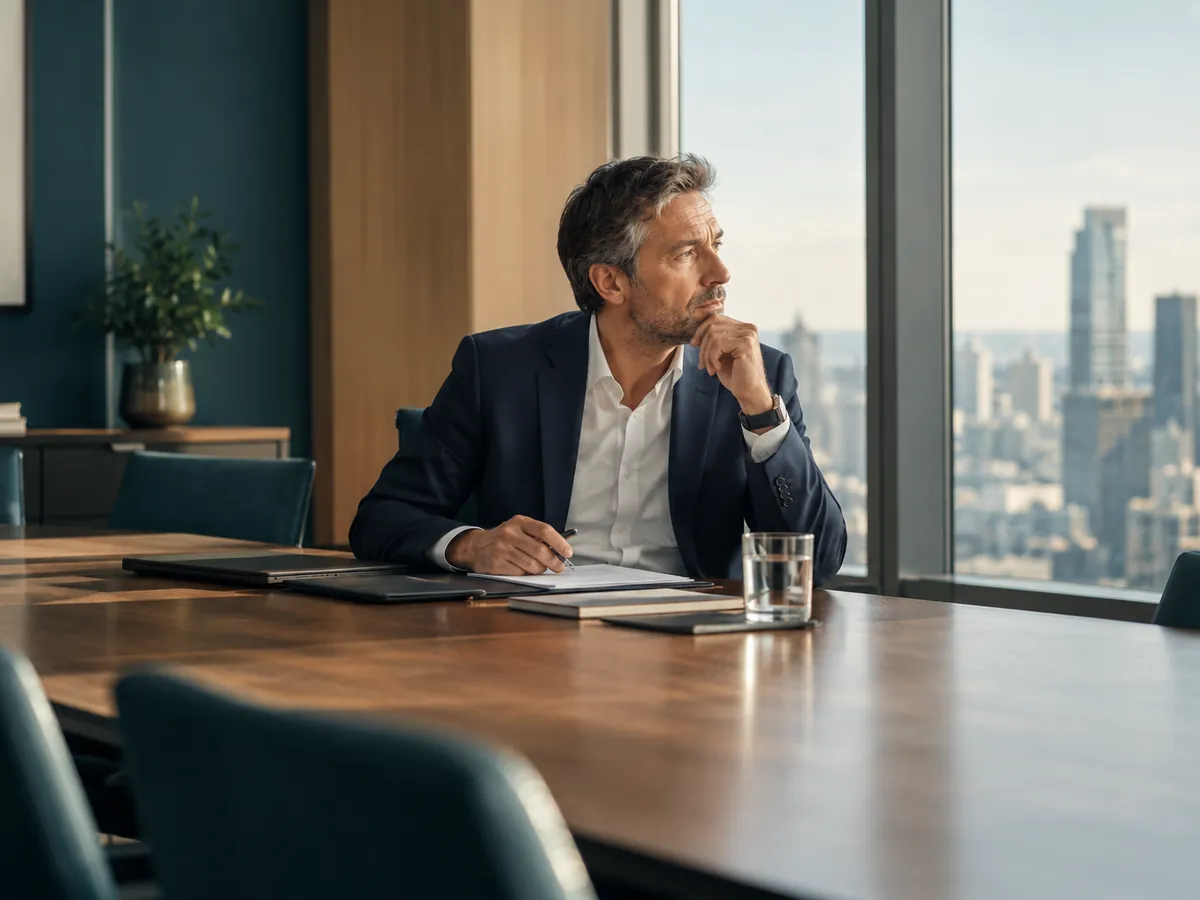 Dirigeant concentré, assis seul à une table de réunion